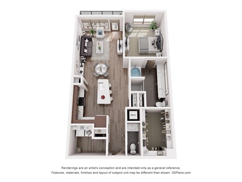 A 3D floor plan of a small apartment with a kitchen, living room, and bathroom.